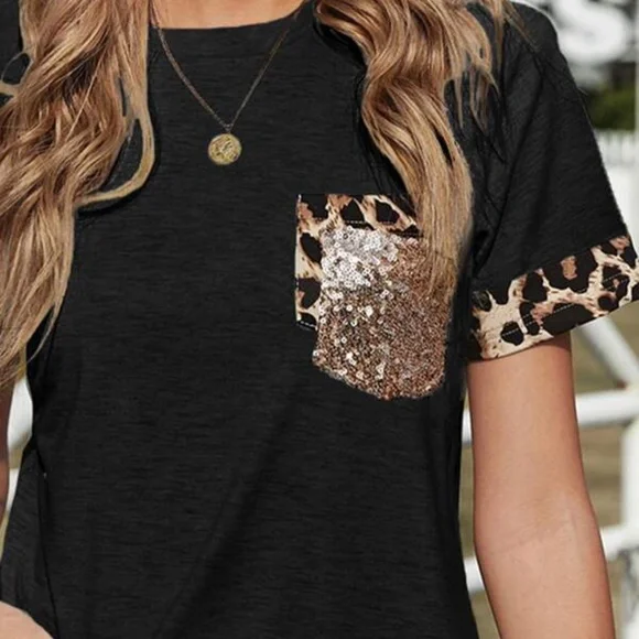 Black leopard Print Sequin Top Casual - Picture 3 of 5